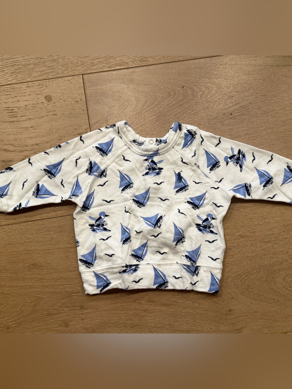 Ralph Lauren Baby White Cotton Sweater with Blue Sailboat Print - Sz 6M